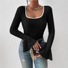 Women's Square Neck Bell Sleeve Top Long Sleeve Slim Fit Solid Color Casual Blouse