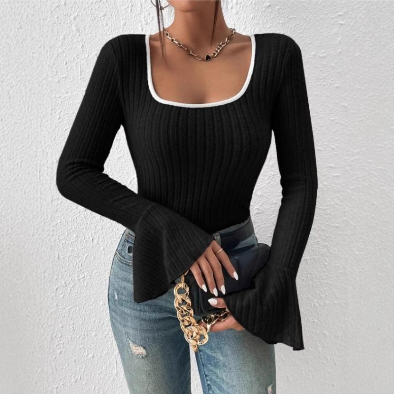 Women's Square Neck Bell Sleeve Top Long Sleeve Slim Fit Solid Color Casual Blouse