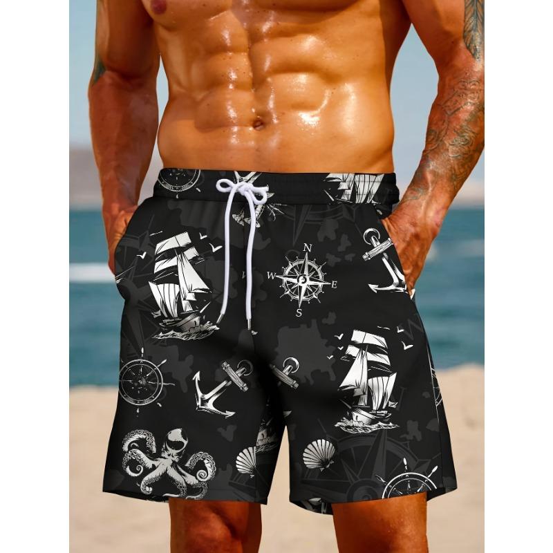 Men s black nautical beach shorts with sailboat and compass print S