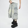 Unisex Vintage Distressed Multi-Pocket Workwear Capri Jeans
