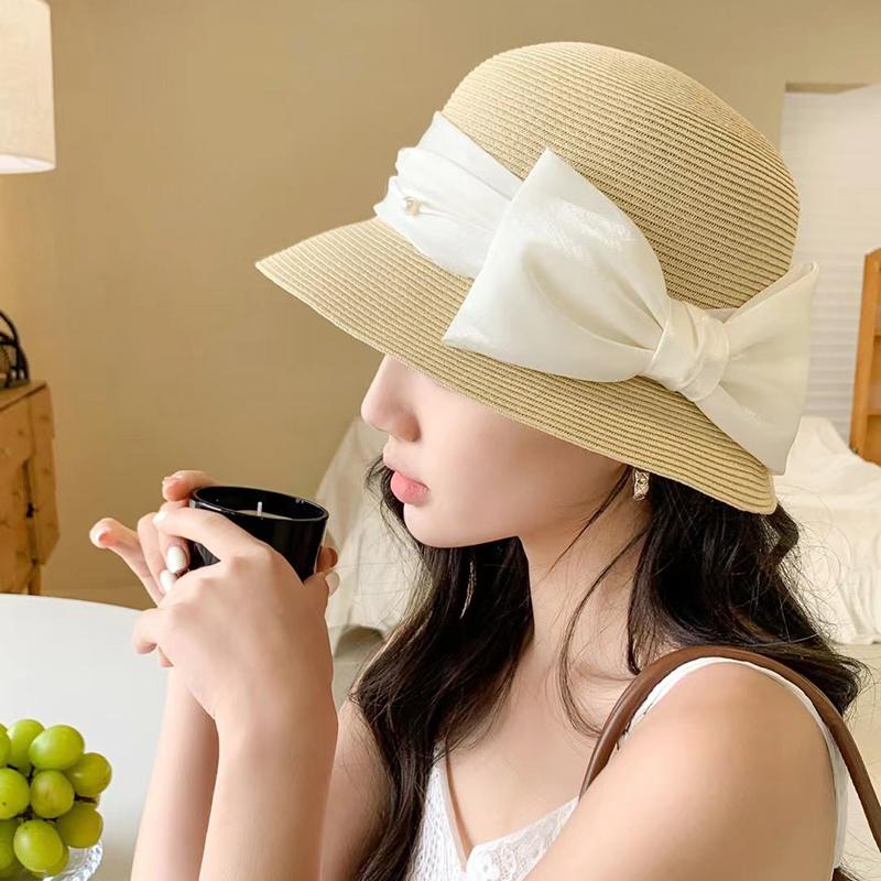 Elegant bow fisherman's hat children summer sunscreen straw hat women's sunshade seaside beach basin hat