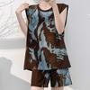 Casual national style red lotus print cotton and silk pajamas set summer thin sleeveless shorts loungewear two-piece set