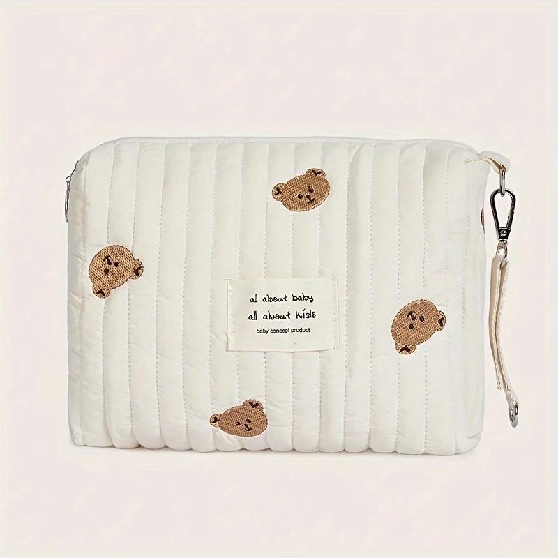 22X16X9CM Baby Carriage Bag - Cute Bear Diaper Storage Bag Portable Easy-to-Clean Zipper Embroidery Multifunctional Mommy Bag
