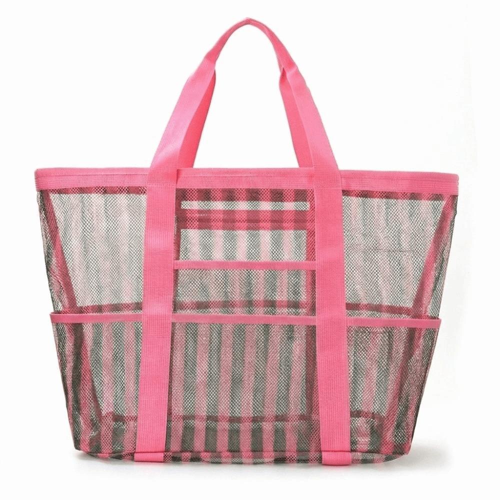 Netting Fabric Striped Handbag Multi-Pocket Pool Bag Easy Sand Shake-Out Travel Bag  Vacation розовый