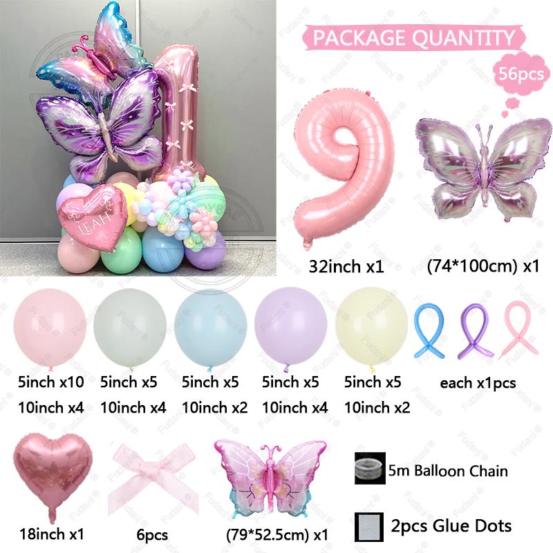 56pcs/set Butterfly Number Balloon Set Pink Numbers 1-9 Purple Butterflies for Valentine's Day Anniversary Birthday Party Decors