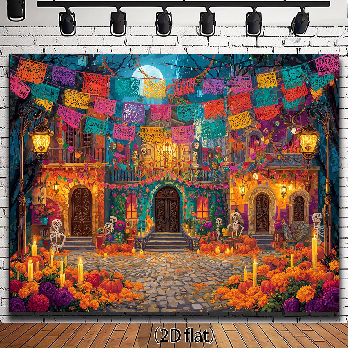 2D flat design, 1 piece with a Mexican Day of the Dead background - vibrant onion flowers and skulls, polyester (as the picture,130x150cm)