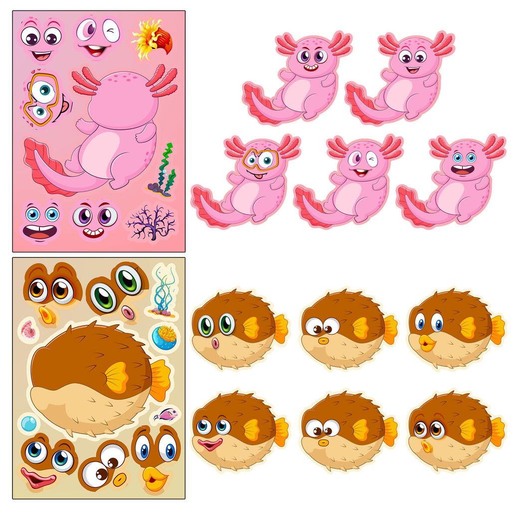 6 Photos/pack of Marine Creatures Cartoon Face Change Stickers Children Toys Elementary School Students Cartoon Cute DIY Puzzles