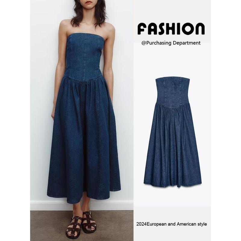Za2025 Spring New Women's Clothing Elegant Boat-Neck Waist-Tight Slim Looking Denim Midi Skirt Dress 6929093