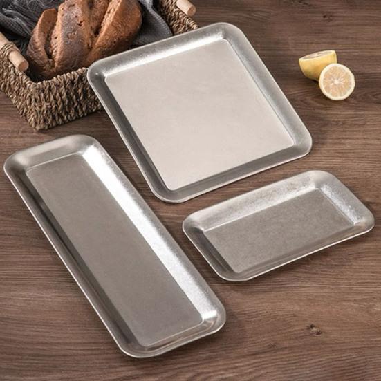Nerezový servírovací tác Retro obdélníková miska na svačiny dezert Rustikální BBQ talíř na studené pokrmy Domov Kempování