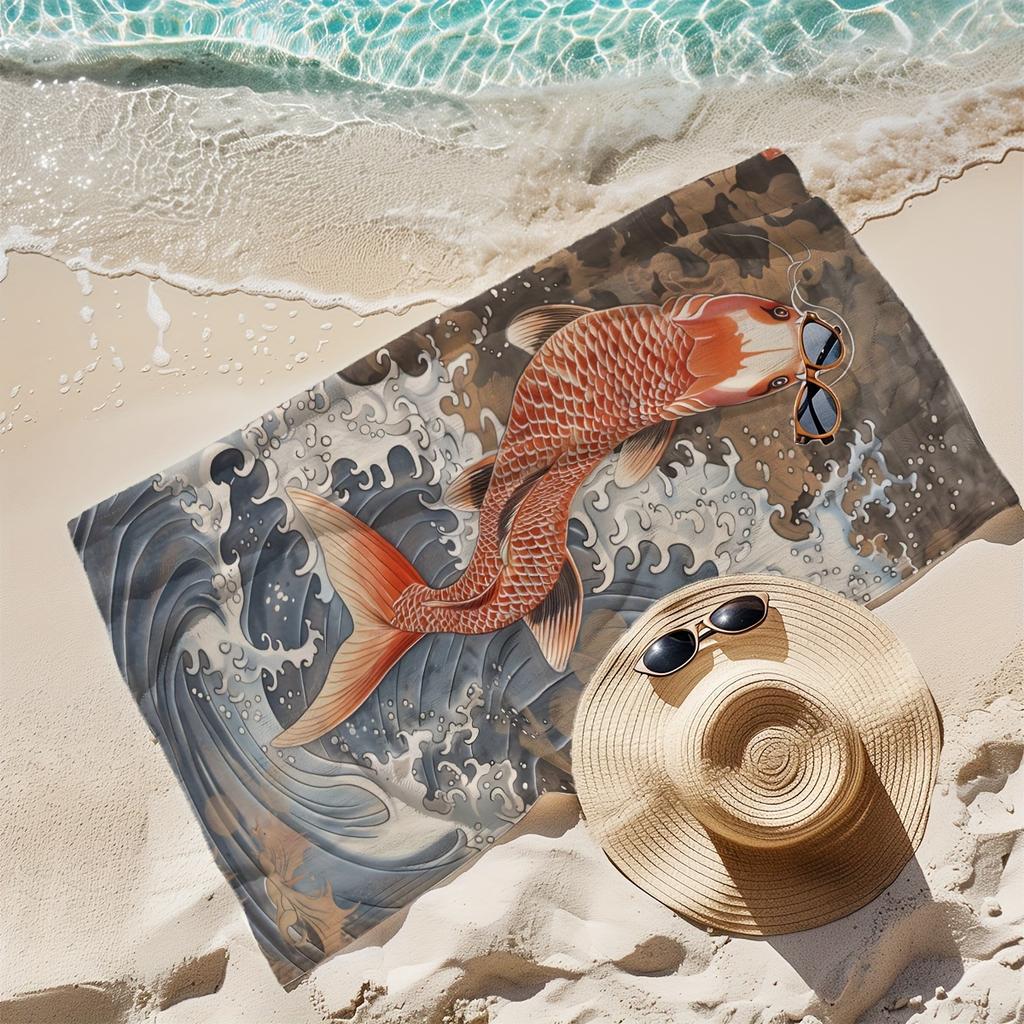 Japanese Koi Fish Beach Towel Flat Print Traditional Ukiyo-e Wave Bath Towel for Summer Travel Swimming Pool Outdoor Decor