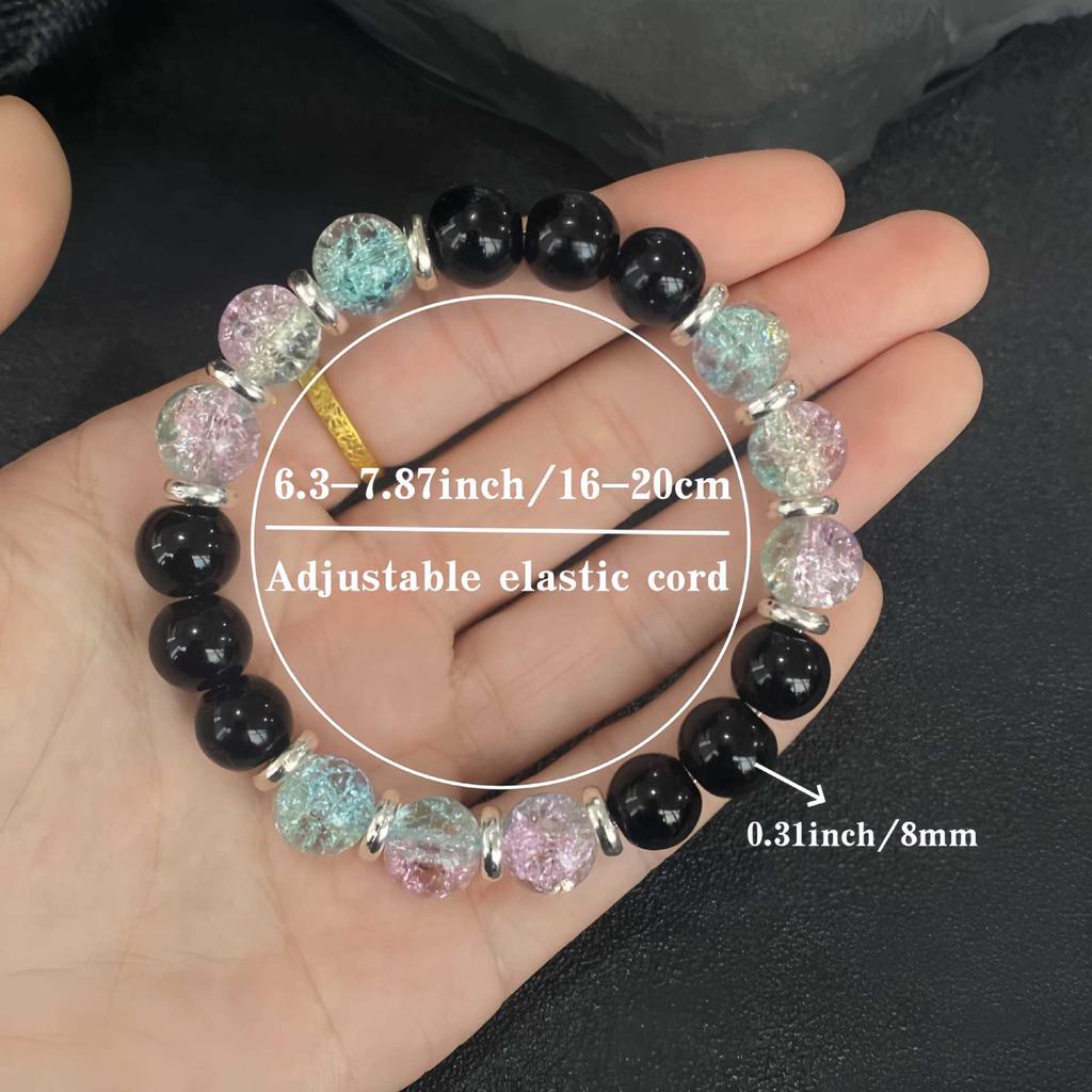 Pink Green Burst Flower Black Agate Bracelet: Emotional Healing & Mood Balance, 10mm