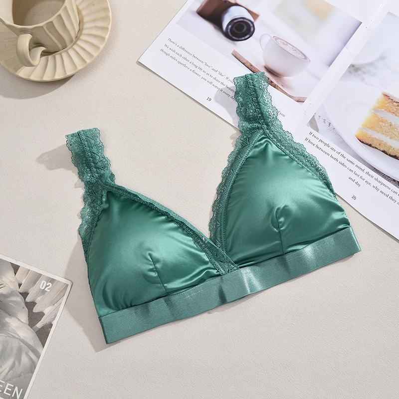 FINETOO 1Pcs Silk Lace Wireless French Triangle Cup Bralette Underwear Set Knitted Velvet Romantc Summer Thin Style Home Clothes