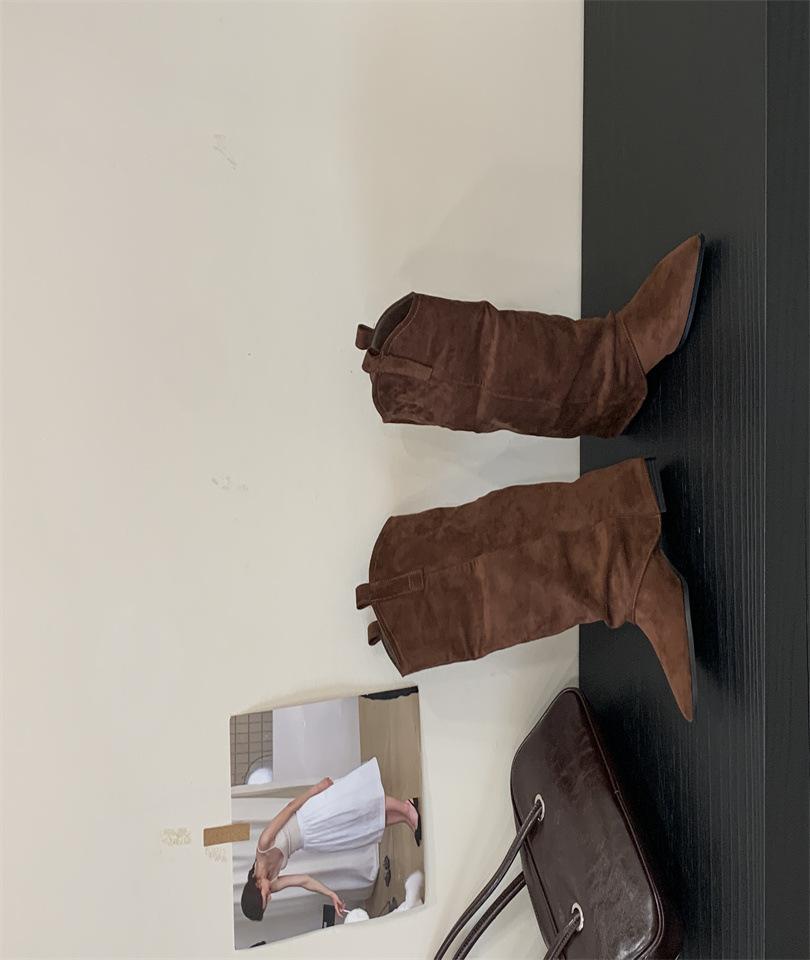 

Осень и зима новые ретро плиссированные модифицирующие ногу ботфорты ботинки 39 светло-коричневого