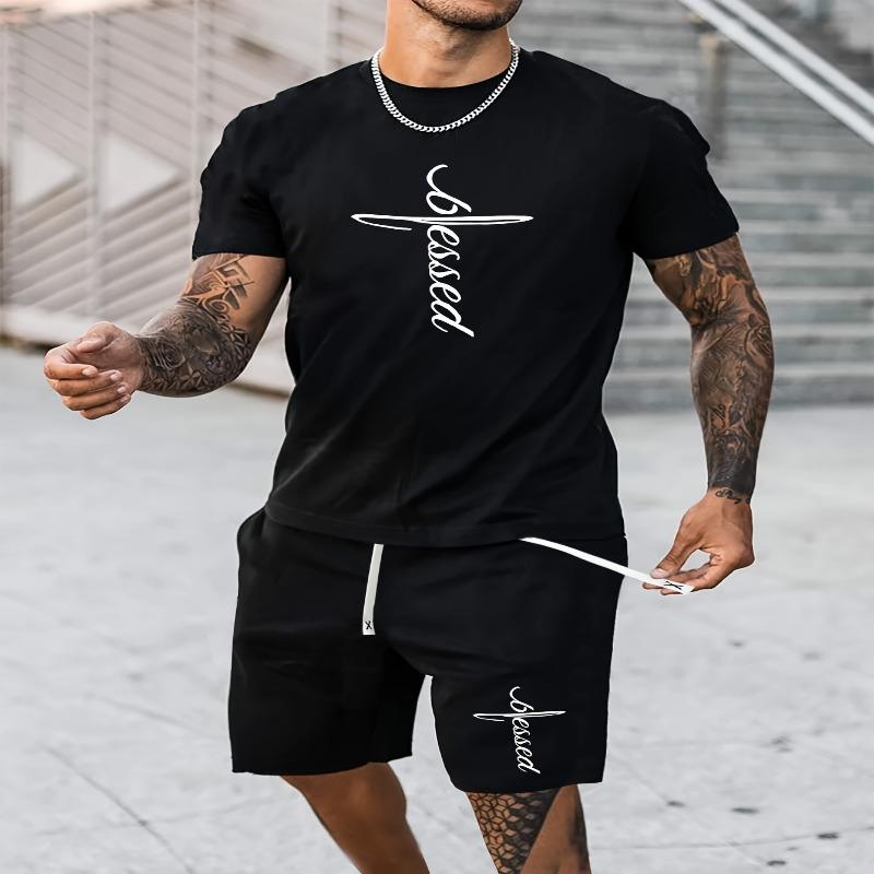 

Men s two-piece stylish casual wear: spring and summer short-sleeved T-shirt and drawstring shorts, men s printed clothing XL