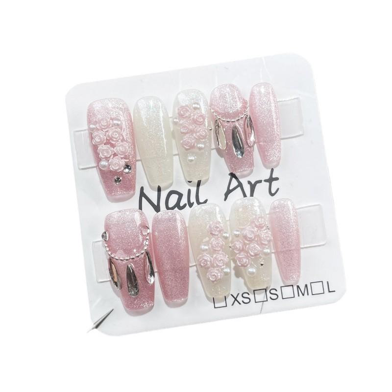 Handmade Cat Eye Nail Tips With 3D Rose Floral Design Medium To Long Length Press-On Nails Women