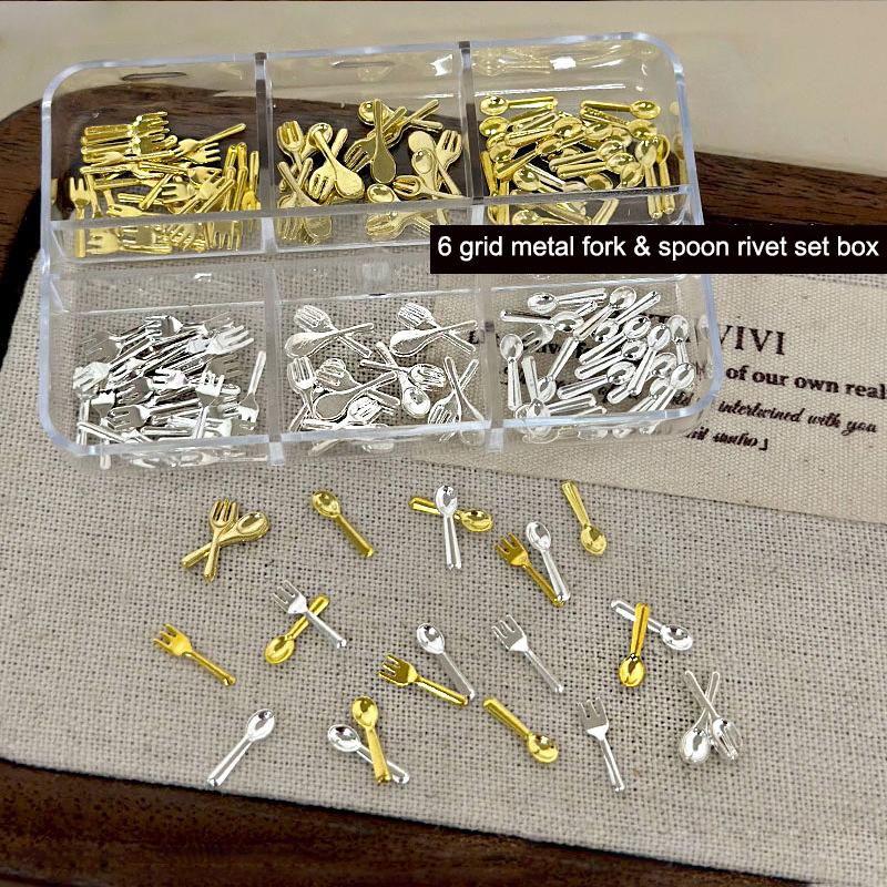 6 Grids/Box Mix Gold Silver Mini Forks Spoons Tableware Alloy Nail Art  Decorations Manicure Cure Charms Accessories