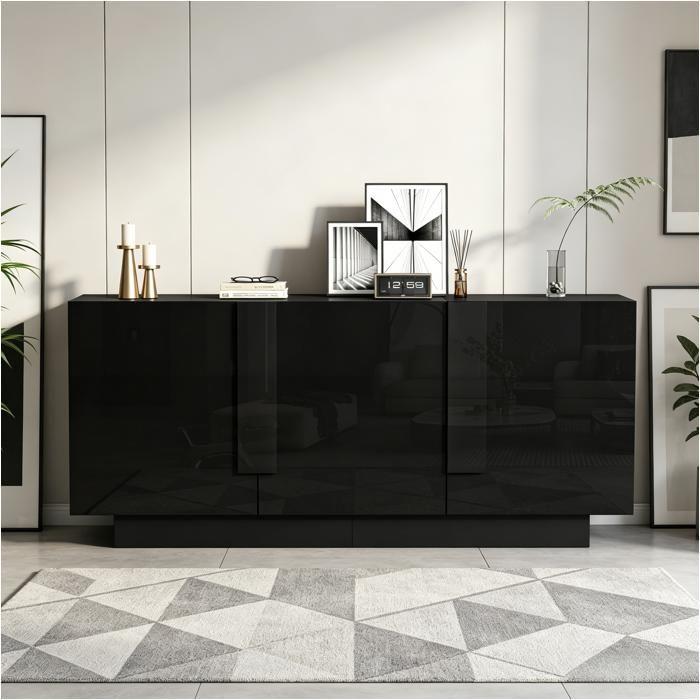 Buffet salon noir brillant 160 x 35 x 60 cm 3 portes 6 compartiments, étagères ajustables grand rangement commode moderne chic déco!