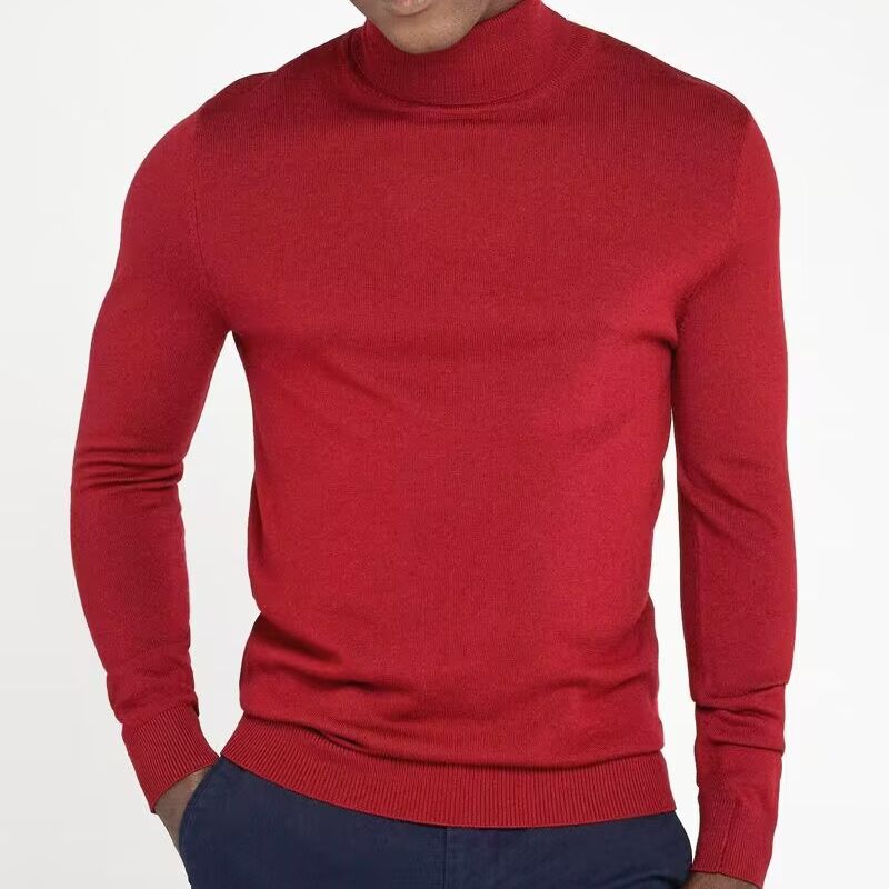 

2025 Осень и зима Новый мужской однотонный свитер с высоким воротником из шерсти, простой и повседневный свитер большого размера с капюшоном XXXL вино красного