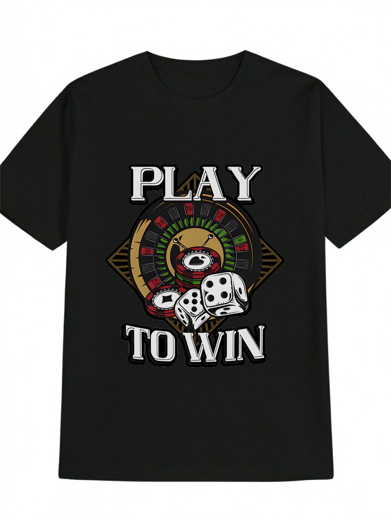 Casual Crew Neck T-shirt with Roulette & Dice Graphic -  PLAY TO WIN  Design XL