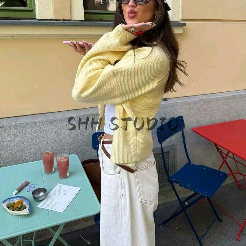 Summer New Product Women's Clothes French Style Commute Style Loose Single Row Multi-Buckle Round Neck Lantern Sleeve Knitting Cardigan Outwear