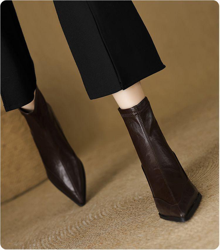 Women's Genuine Leather Sheepskin Ankle Boots - Pointed Toe, Chunky Heel, Back Zipper, 2025 New Stretch Sock Slim Boots