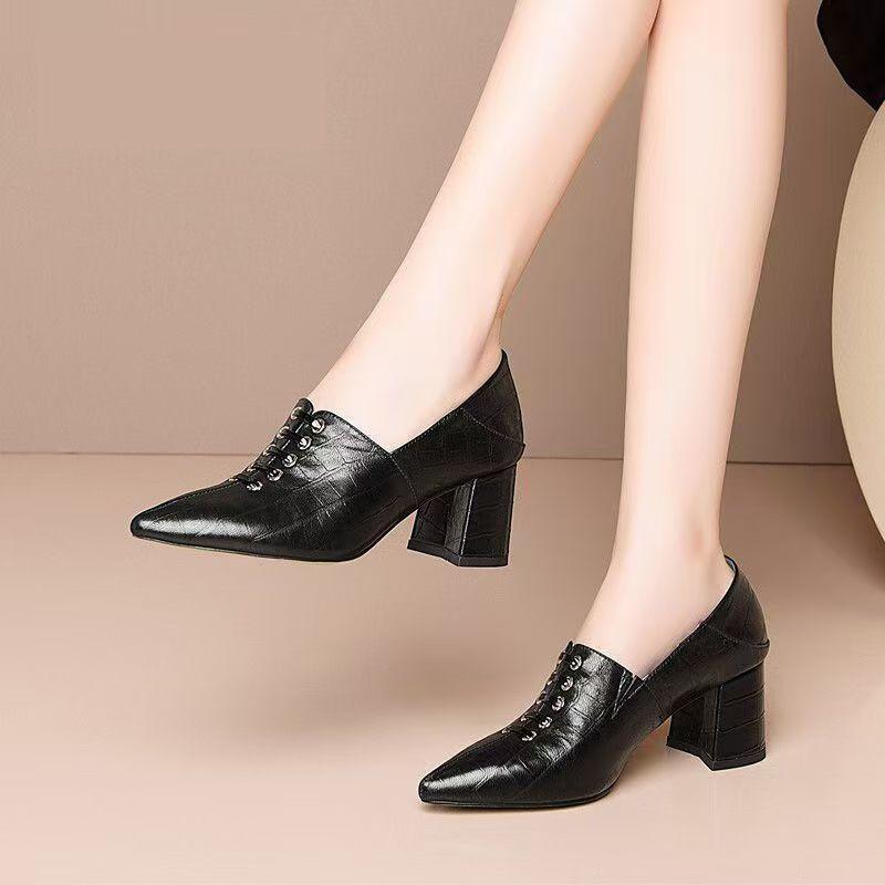 Fashion Chunky Heel Single Shoes Woman Pumps Women's High Heels Pointed toe Slip On Female Spring/Autumn Fashion Front Laces Black Beige