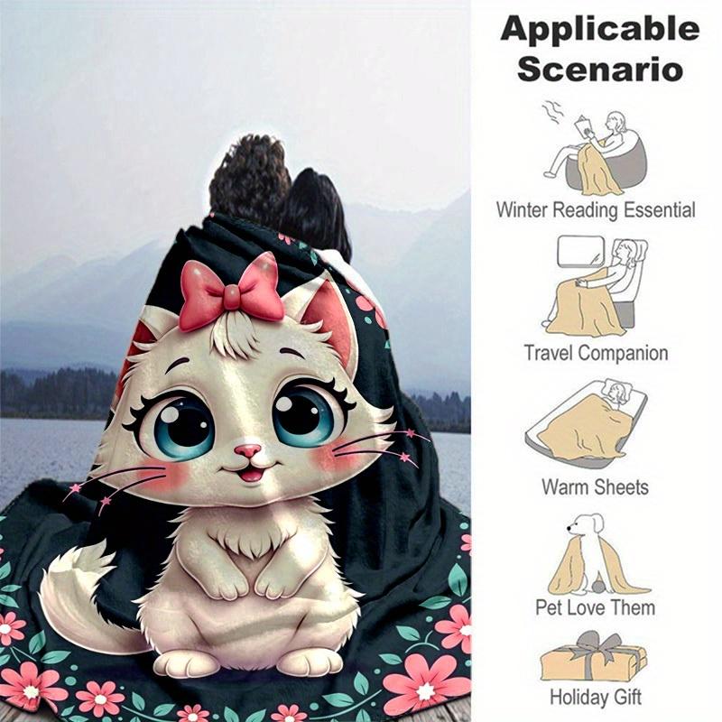 1pc Seasonal Universal Home Decoration Blanket Throw Birthday Gift Cute Cartoon Cat with Pink Bow Flower Frame Room Decorative Coverlet for Couch Bed