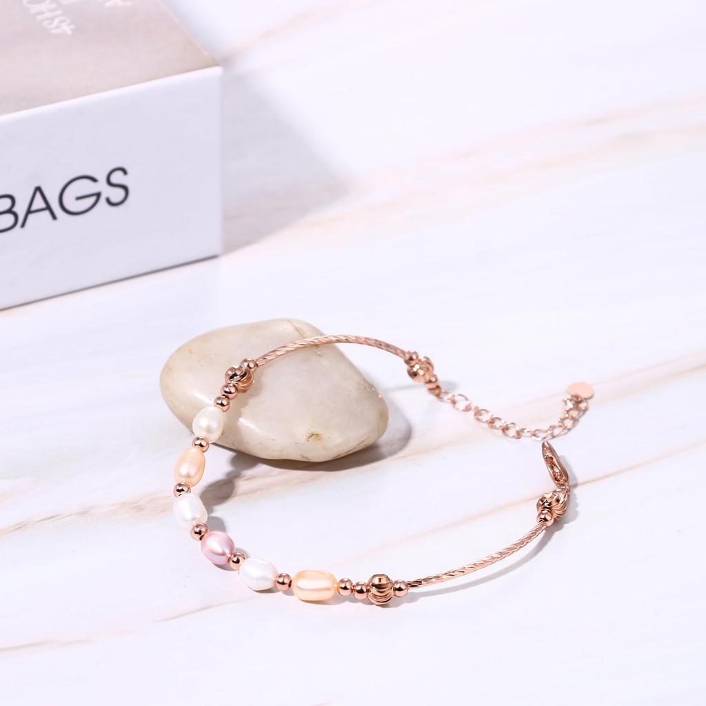 JEWELRYWE Ladies' Rose Gold Pearl Bangle Bracelet Stainless Steel Fashion Women's Accessory Gift