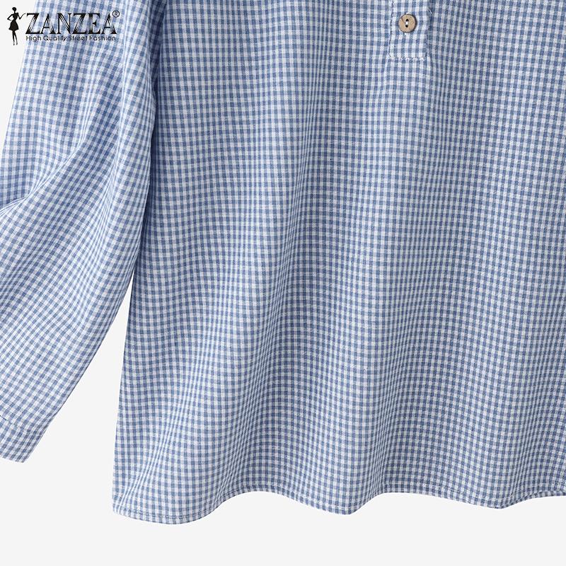 ZANZEA Damska klasyczna bluzka z luźnym krojem, długim rękawem i nadrukiem w kratę