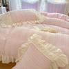 Pink Korean Princess Style Lace Ruffles Bedding Set Skin-friendly Seersucker Duvet Cover Set Fitted Sheet/Bed Sheet Pillowcases
