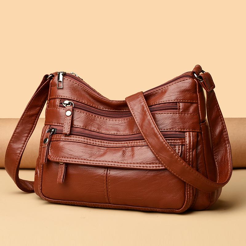 Mjukt Läder Damaxelväska Medelålders Mammaväska Fickrik Crossbody-väska