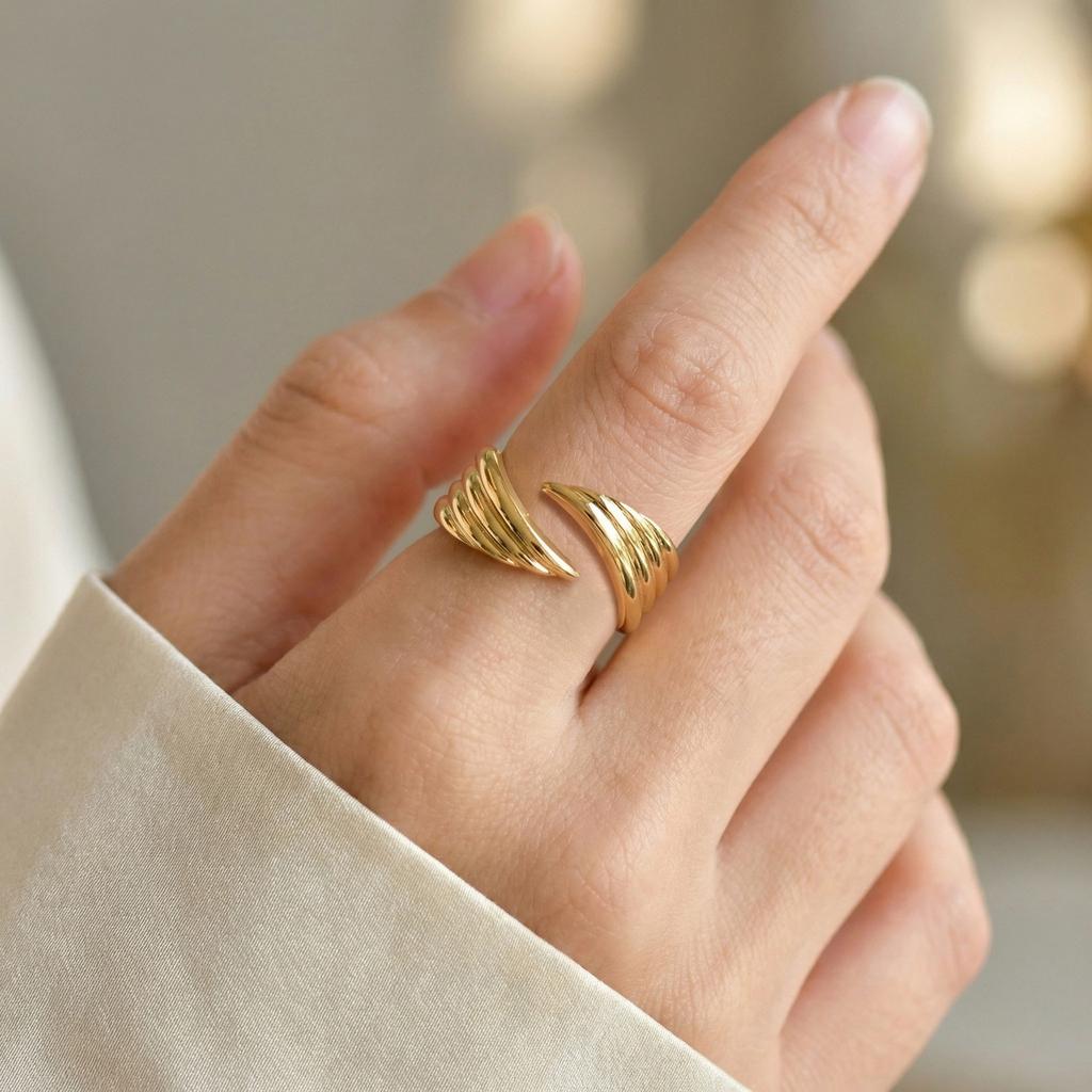 Adjustable Angel Wings Ring for Women, 18K Gold Plated Stainless Steel Wrap Bypass Band, Waterproof Jewelry