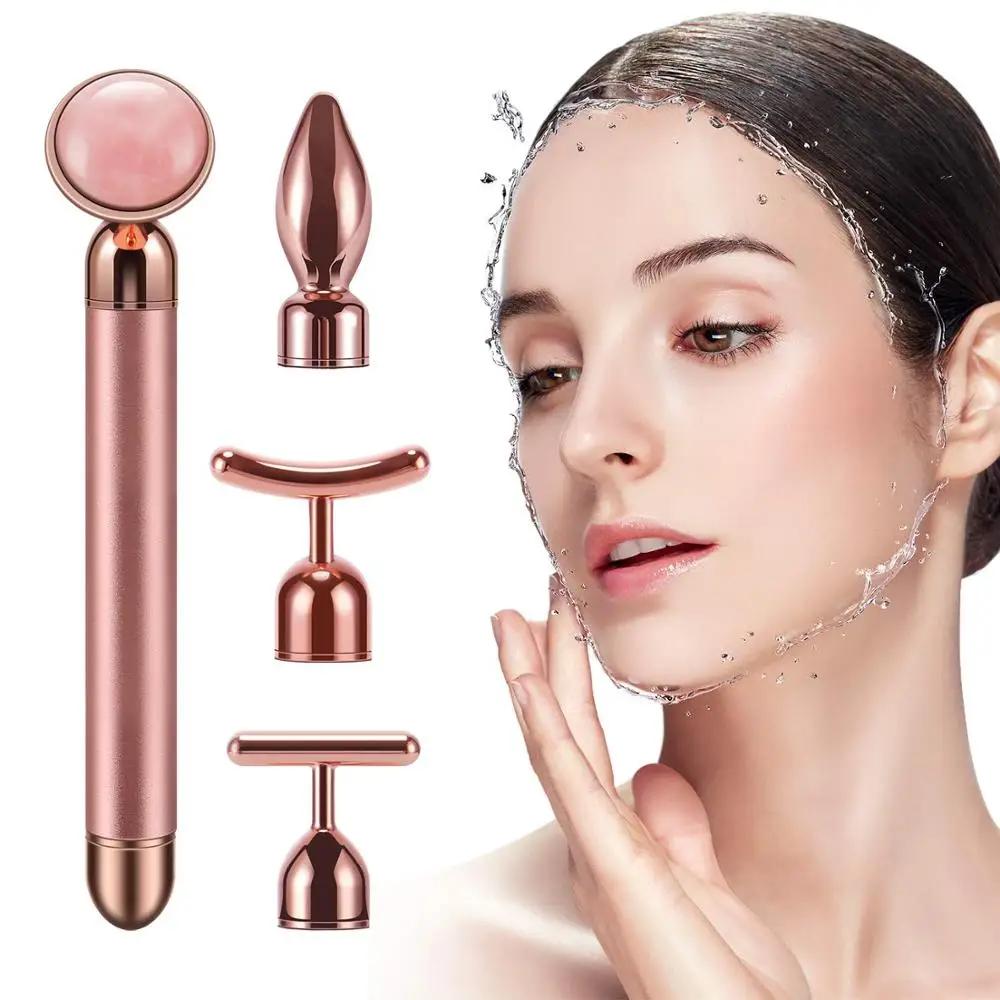 4 In 1 Vibrating Rose Quartz Roller Face Roller Eye Massager Jade Roller T/V Shaped Face Lifting Slimming Beauty Care Massager