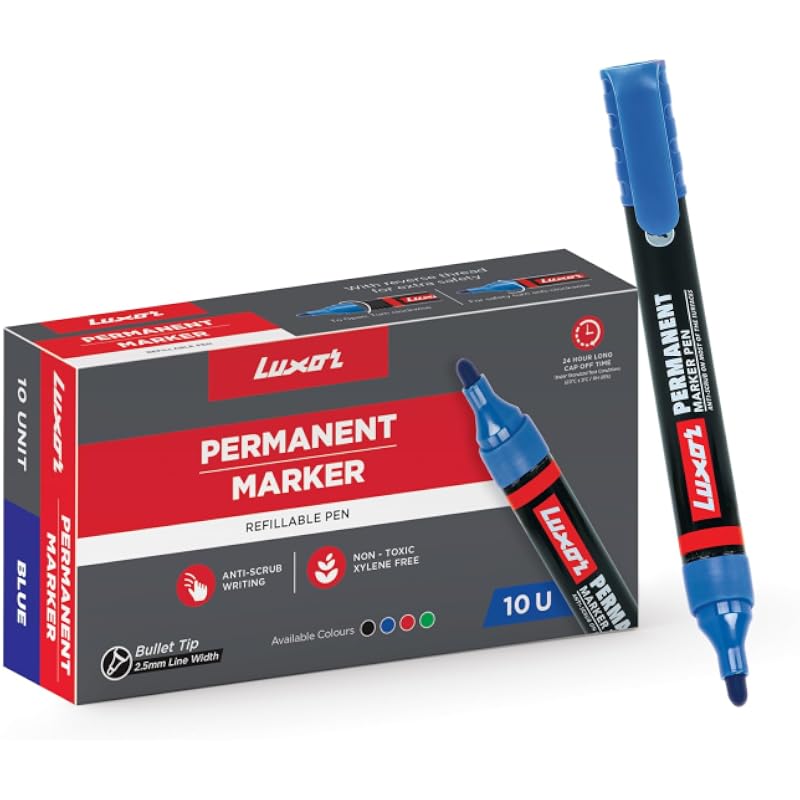 Luxor Refillable Permanent Marker In Brilliant Blue, Pack Of 10, Ideal For Clear And Eco-Friendly Marking