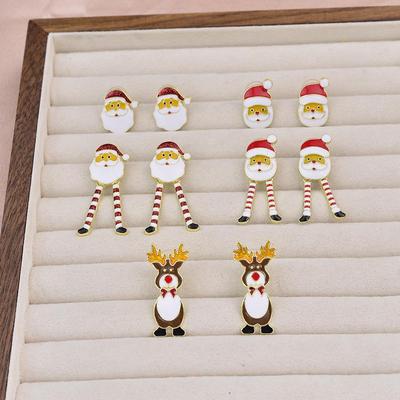 Avrupa ve Amerikan Tarzı İlginç Noel Küpeleri - Uzun Bacaklı Noel Baba ve Ren Geyiği Karikatür Takıları