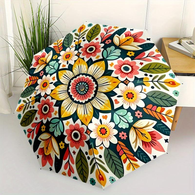 1pc Floral Mandala Automatic Folding Umbrella, 8-Rib Sturdy Canopy, Portable Travel Umbrella for Outdoor Use