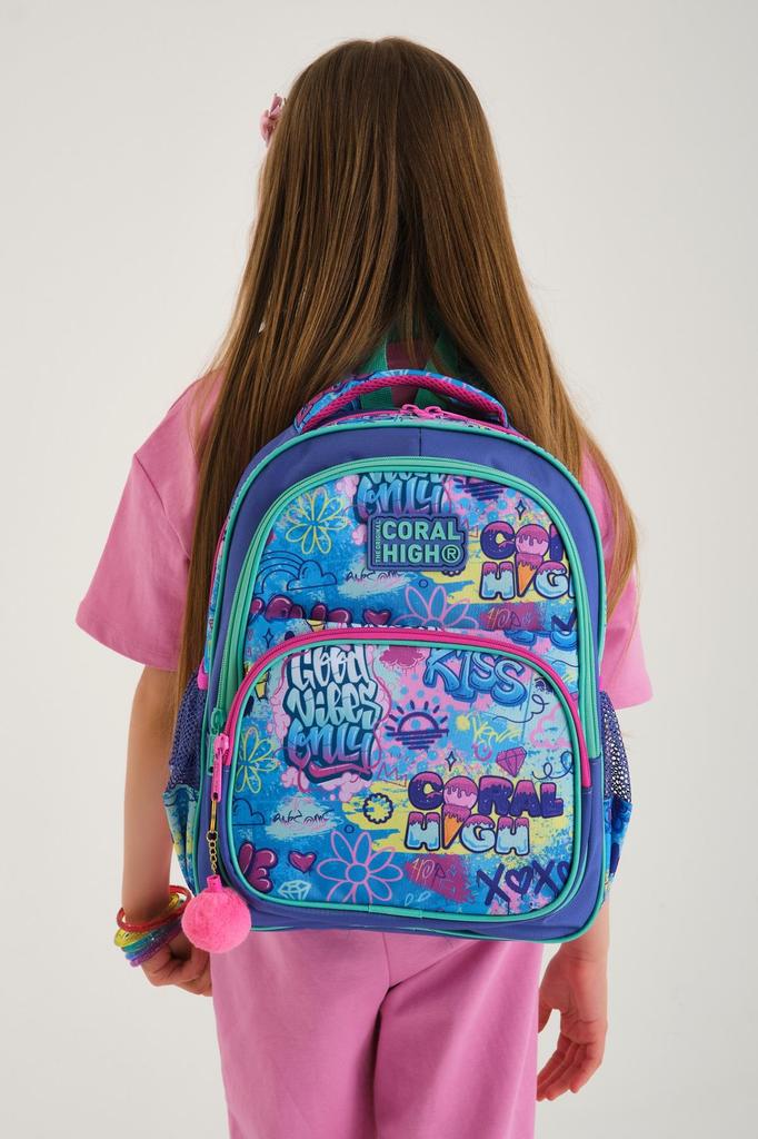 Coral High Kids Lavender Water Green Graffiti Patterned Three Compartment School Backpack 14414