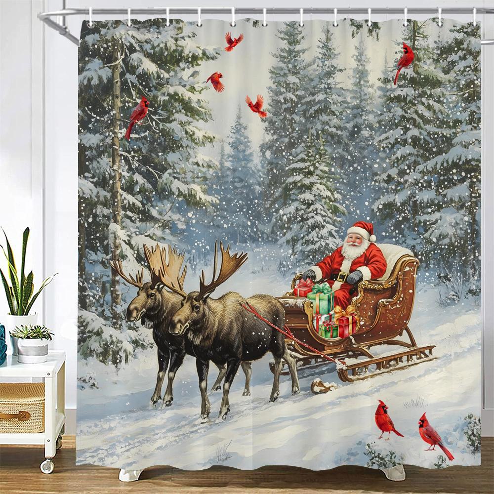 

Merry Christmas Shower Curtain Bath Curtain Elk Santa Claus Christmas Printed Polyester Bathroom Curtains for Home Decor curtain W90xH180cm