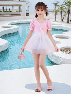 Costume da bagno intero a maniche corte per bambina 2026 con gonna a cigno - Carino, Elegante e Modesto