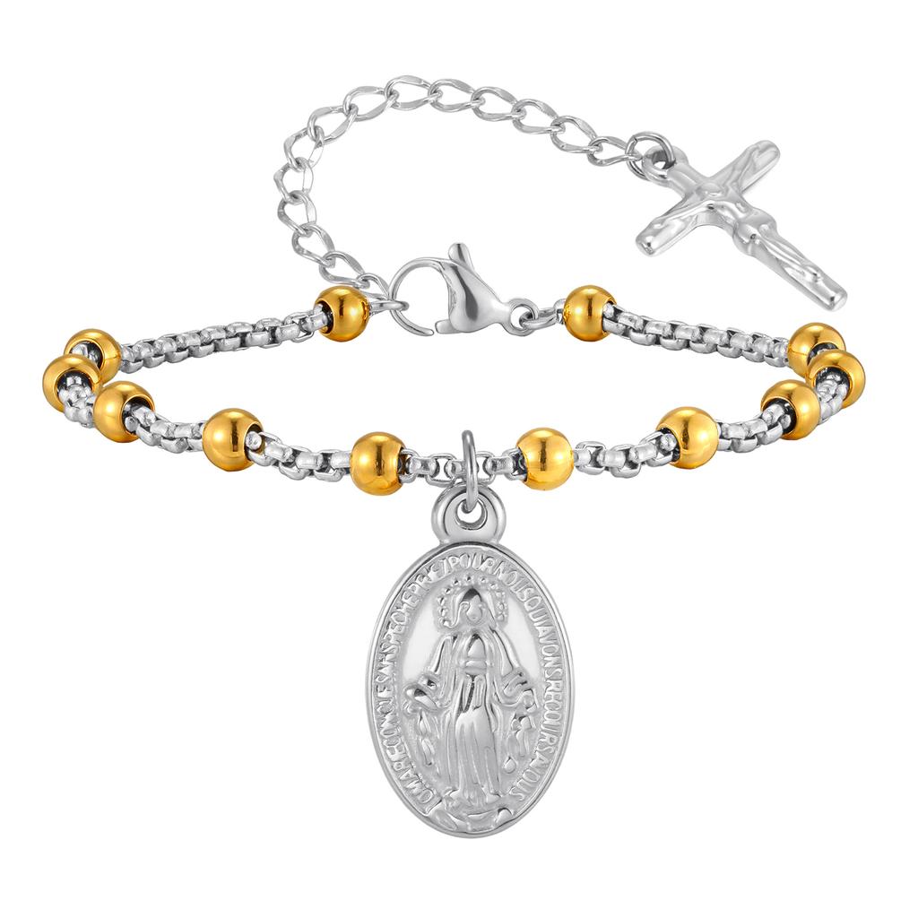 Religious Jesus Cross Rosary Bracelet for Women, Stainless Steel Virgin Mary Charms Bracelets Gold Plated Prayer Jewelry