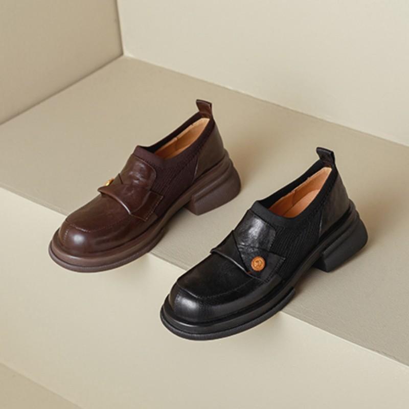 Cowhide version~ retro camellia round head loafers women's platform sole one-pedal British style small leather shoes thick heel single shoes