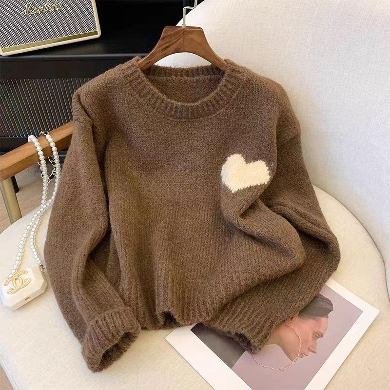 Lazy Style Retro Heart Embroidery Sweater for Women Spring Autumn Autumn Winter Gentle Style Loose Long Sleeve Knitwear