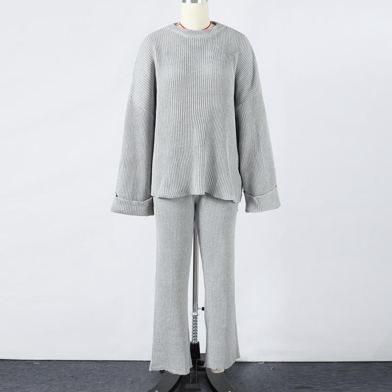 Women Casual Solid Color Knit Sweater Two Piece Set Autumn Winter Thick Round Neck Loose Pullover Wide Leg Pants Matching Sets