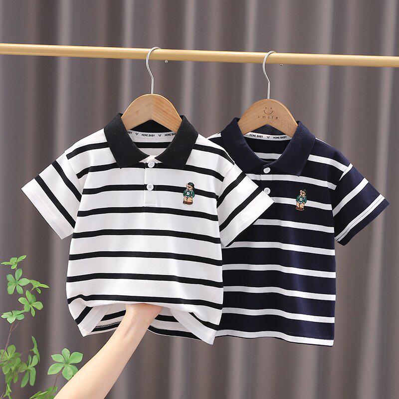 2024 Kids' Striped Short Sleeve T-shirt - Fashionable Lapel Summer Top for Boys