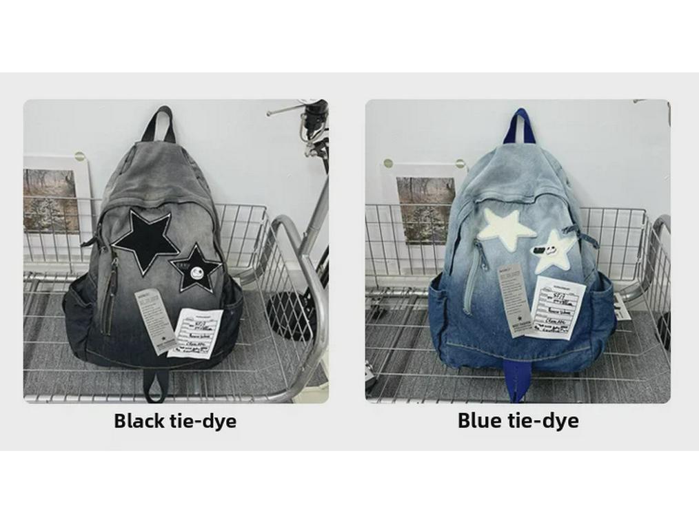 Gradient Denim Star Backpack: Versatile Vintage Schoolbag for Junior High Students