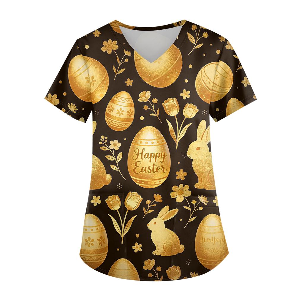 Ladies' Easter printed fashionable V-neck pocket short sleeved uniform and caregiver top