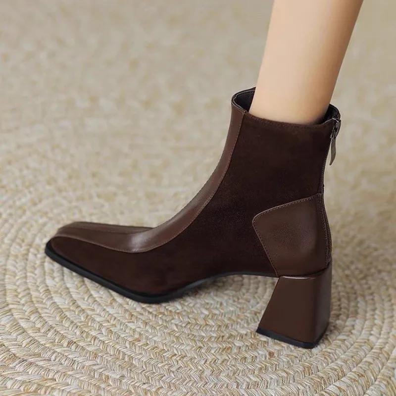 Fashion Vintage Square Toe Block Heel Booties Women French Color Block Rear Zip Simple Heel Single Boots Ankle Boots