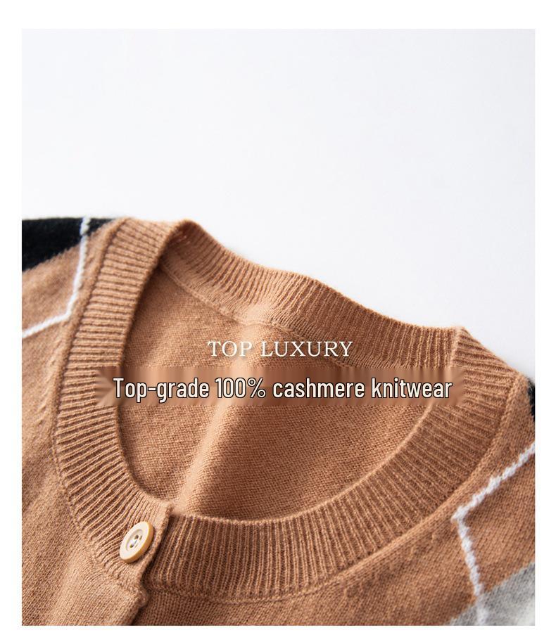 Cardigan Pull en Tricot Losanges Géométriques Color Block 100% Cachemire pour Femme