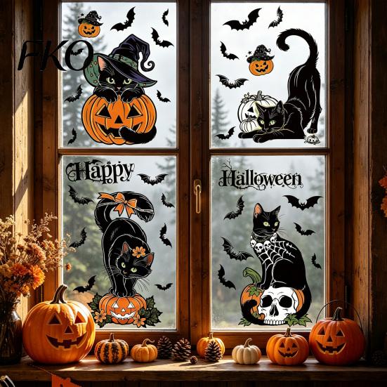 Window Decoration for Party 4 Sheets Halloween Black Cat Clings, Spooky Pumpkin Reusable Sticker Sticker, Double Sided Static Decals Glass Door Mirror