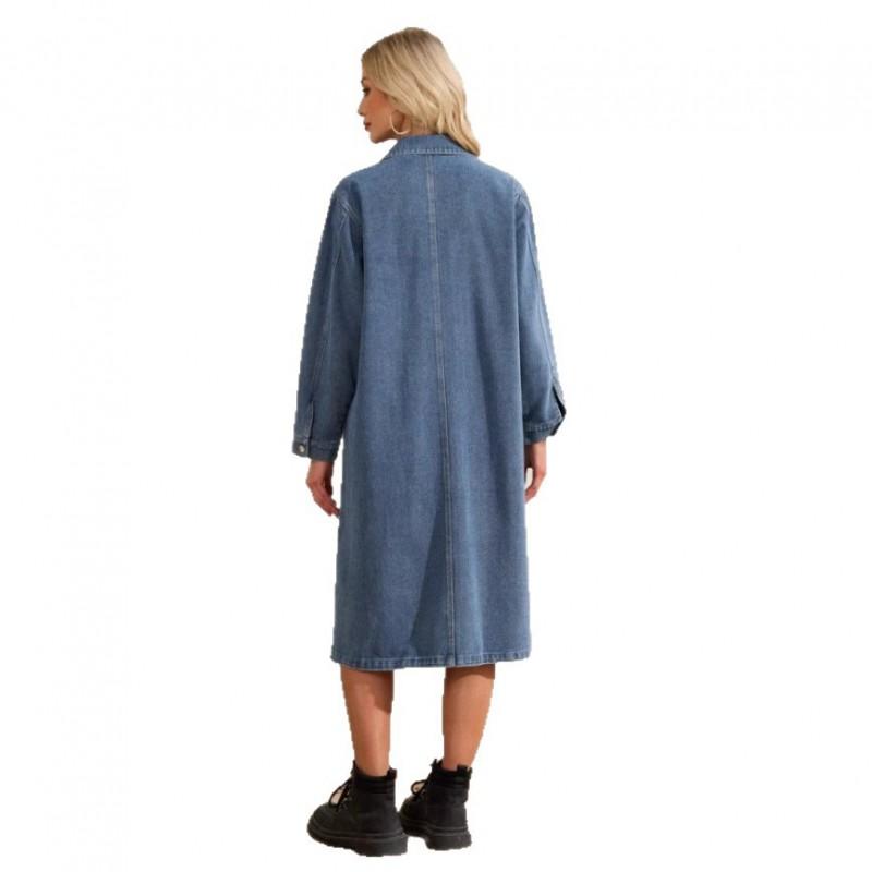 Womens Relaxed Fit Denim Shirt Dress With Single Breasted Vintage Chic Style Long Sleeve Mid-Length